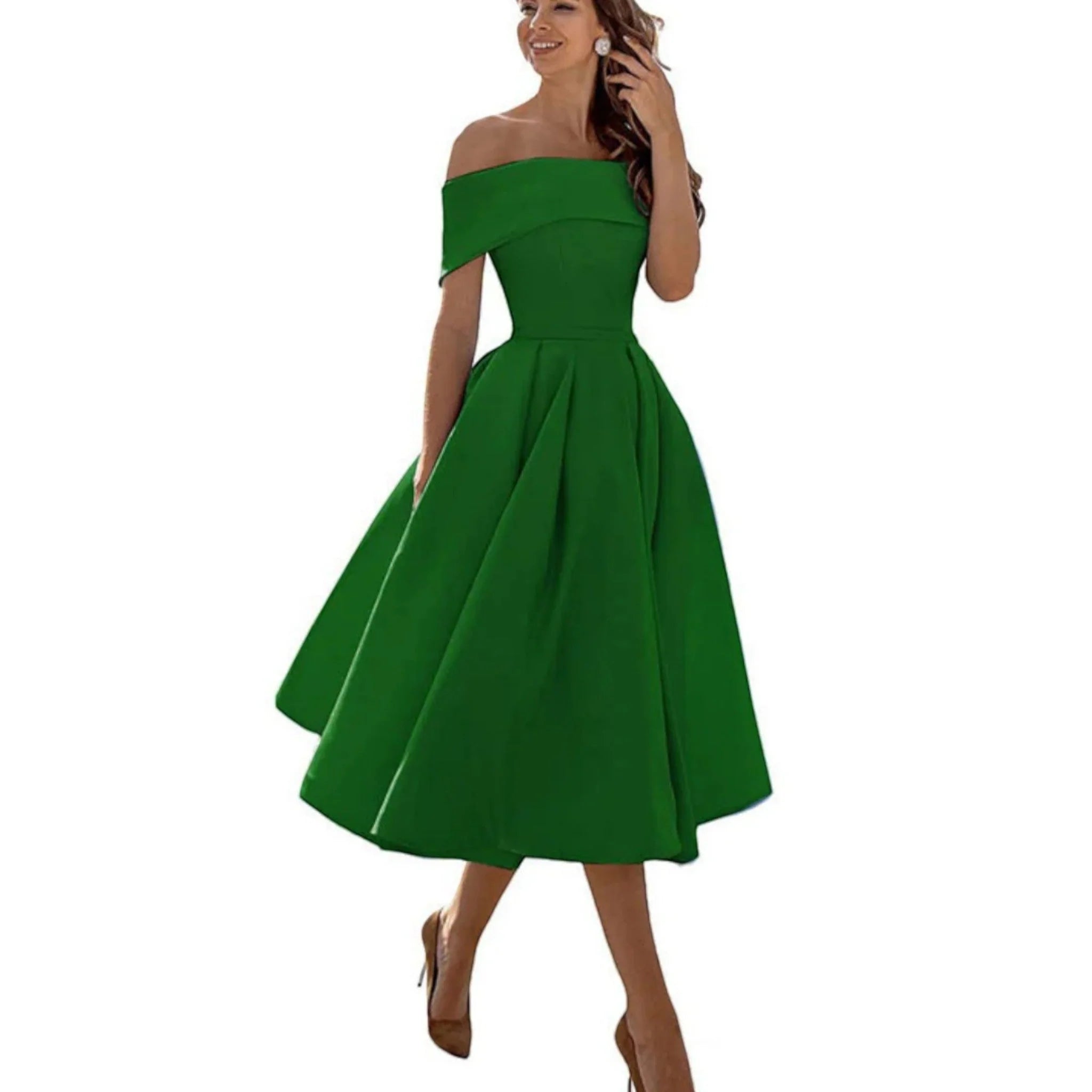 Giulia | Vestito Midi Spalle Scoperte Verde Chiaro