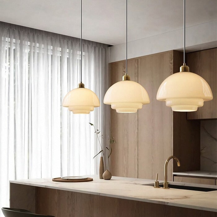 Glass Pendant Lights with Tiered White Shade and Brushed Brass for Modern Living Rooms - Image 1