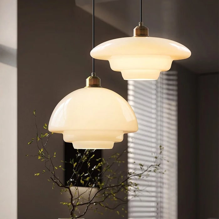 Glass Pendant Lights with Tiered White Shade and Brushed Brass for Modern Living Rooms - Image 15