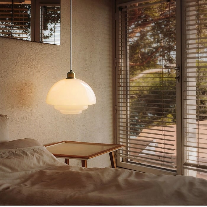Glass Pendant Lights with Tiered White Shade and Brushed Brass for Modern Living Rooms - Image 4