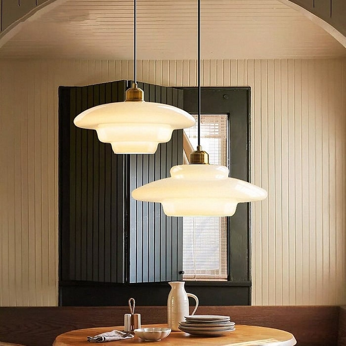 Glass Pendant Lights with Tiered White Shade and Brushed Brass for Modern Living Rooms - Image 6