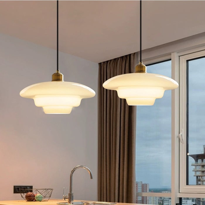 Glass Pendant Lights with Tiered White Shade and Brushed Brass for Modern Living Rooms - Image 7