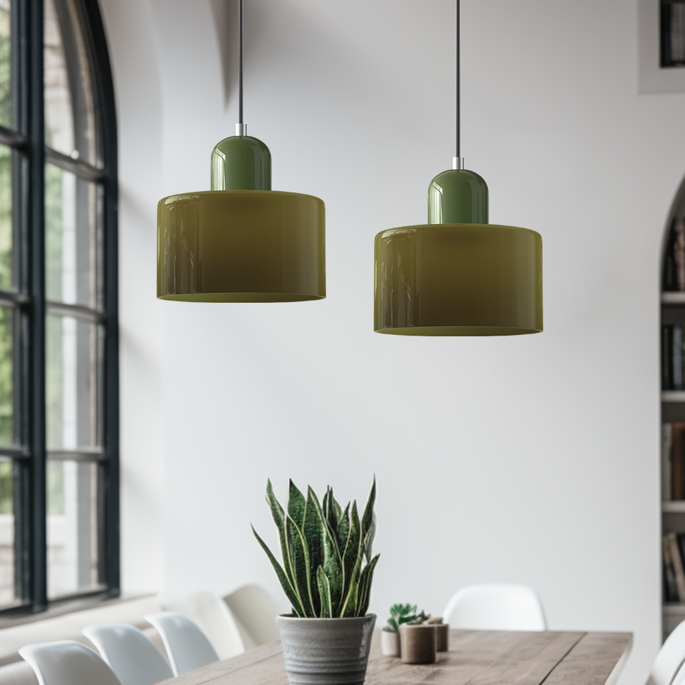 Glass Pendant Lights with Two-Tier Drum Shade and Mid-Century Modern Design - Image 3