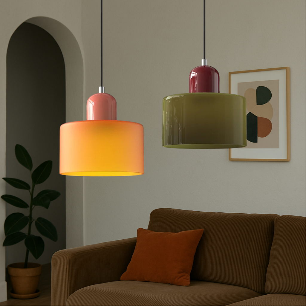 Glass Pendant Lights with Two-Tier Drum Shade and Mid-Century Modern Design - Image 4