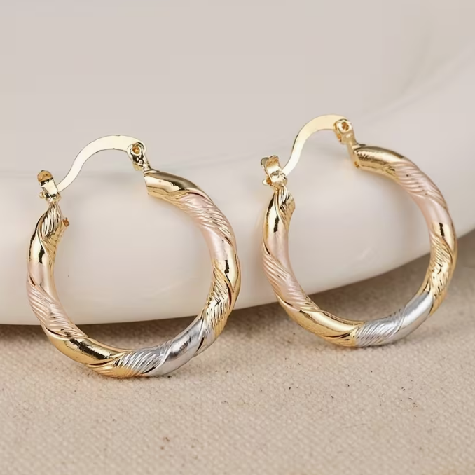 Gold Hoop Earrings Twisted Design Tricolor Metallic Finish - Image 2