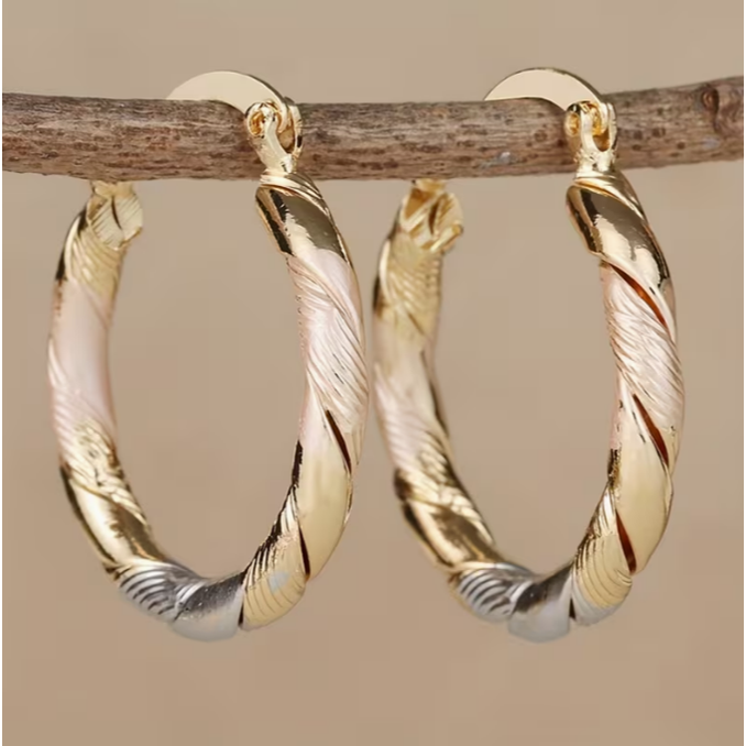 Gold Hoop Earrings Twisted Design Tricolor Metallic Finish - Image 3