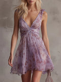 Greta | Vestito Corto Floreale Scollo V Viola