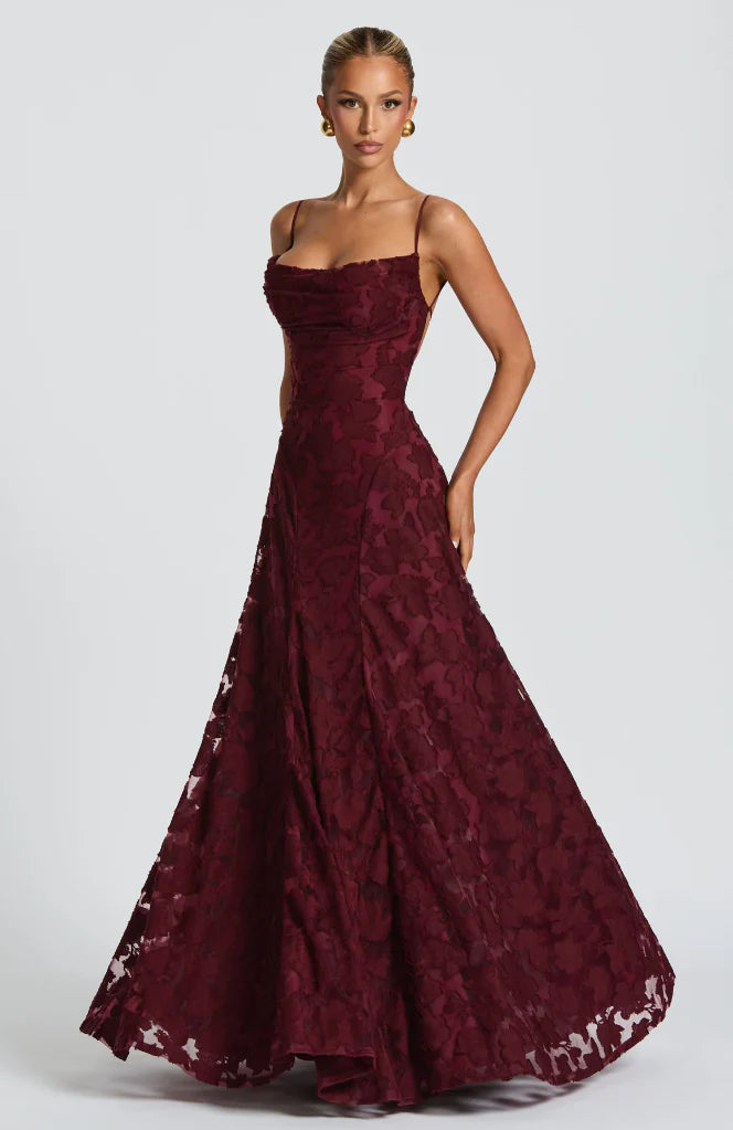 Greta | Vestito Lungo Pizzo Spalline Sottili Bordeaux