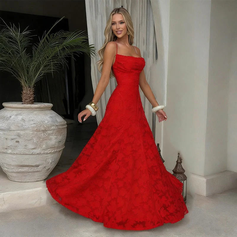 Greta | Vestito Lungo Pizzo Spalline Sottili Rosso