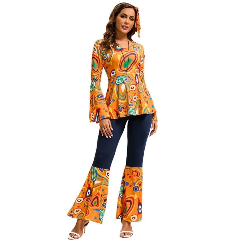 Halloween 1970s Hippie Costume with Bell Bottoms and Psychedelic Print - Image 1
