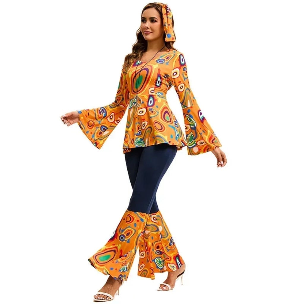 Halloween 1970s Hippie Costume with Bell Bottoms and Psychedelic Print - Image 2