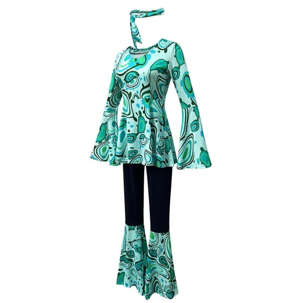 Halloween 1970s Hippie Costume with Bell Bottoms and Psychedelic Print - Image 3