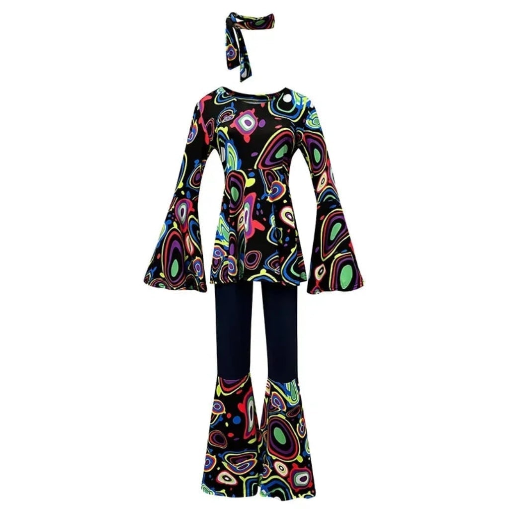 Halloween 1970s Hippie Costume with Bell Bottoms and Psychedelic Print - Image 4