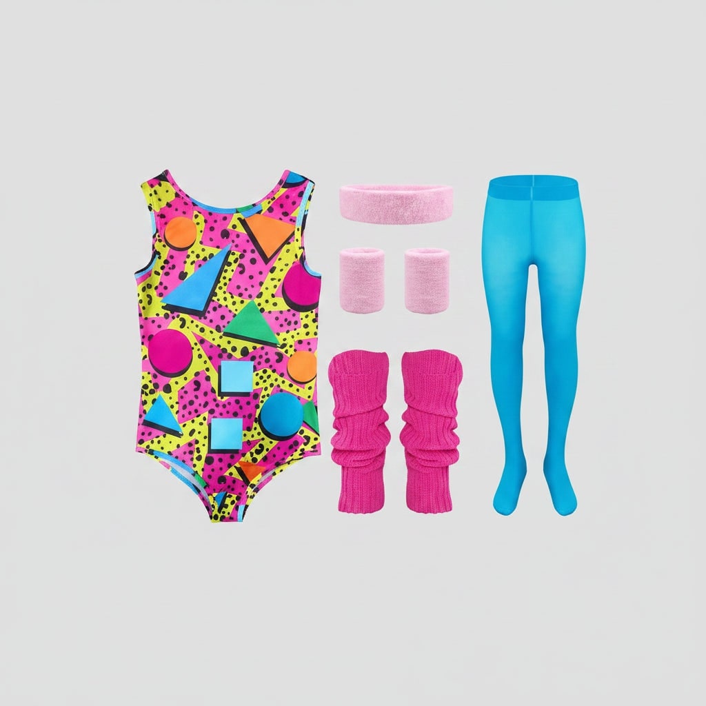 Halloween 80s Costume Party Outfit with Leotard Leg Warmers Headband and Wristbands - Image 1
