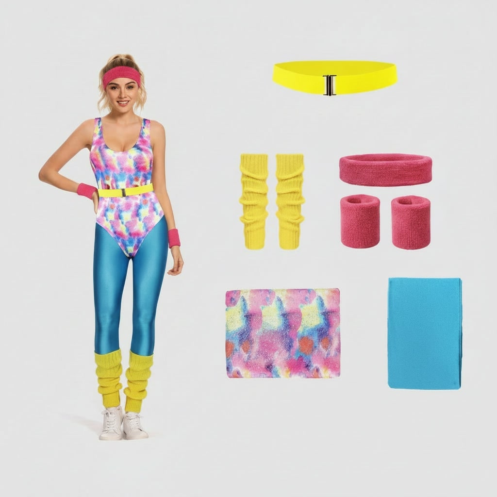 Halloween 80s Costume Party Outfit with Leotard Leg Warmers Headband and Wristbands - Image 3
