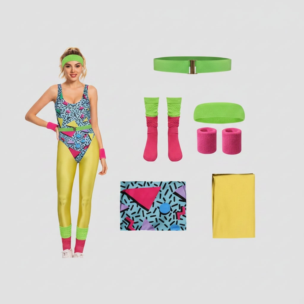 Halloween 80s Costume Party Outfit with Leotard Leg Warmers Headband and Wristbands - Image 4