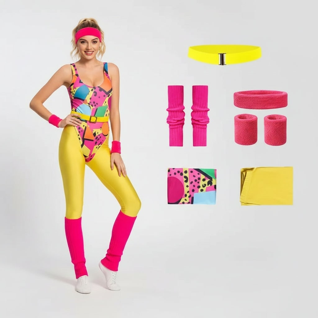 Halloween 80s Costume Party Outfit with Leotard Leg Warmers Headband and Wristbands - Image 6