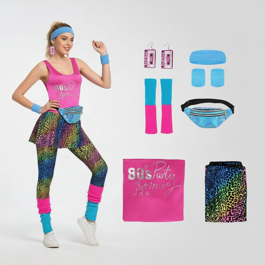Halloween 80s Costume Party Outfit with Leotard Leg Warmers Headband and Wristbands - Image 8
