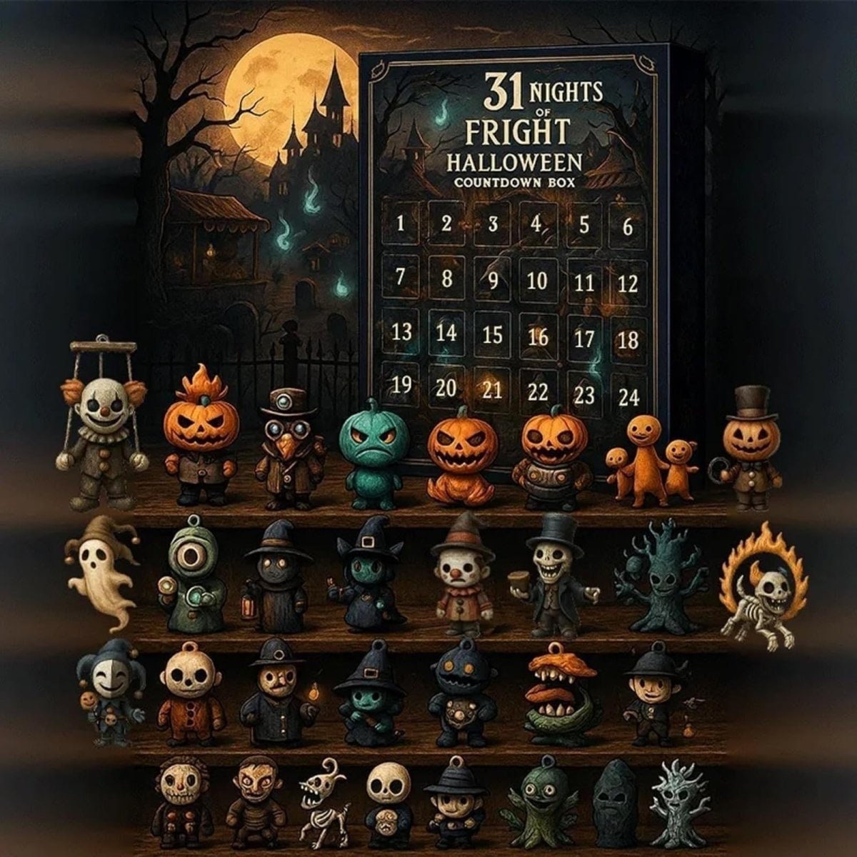 Halloween Advent Calendar Countdown with Spooky Miniature Figurines and Numbered Doors - Image 2