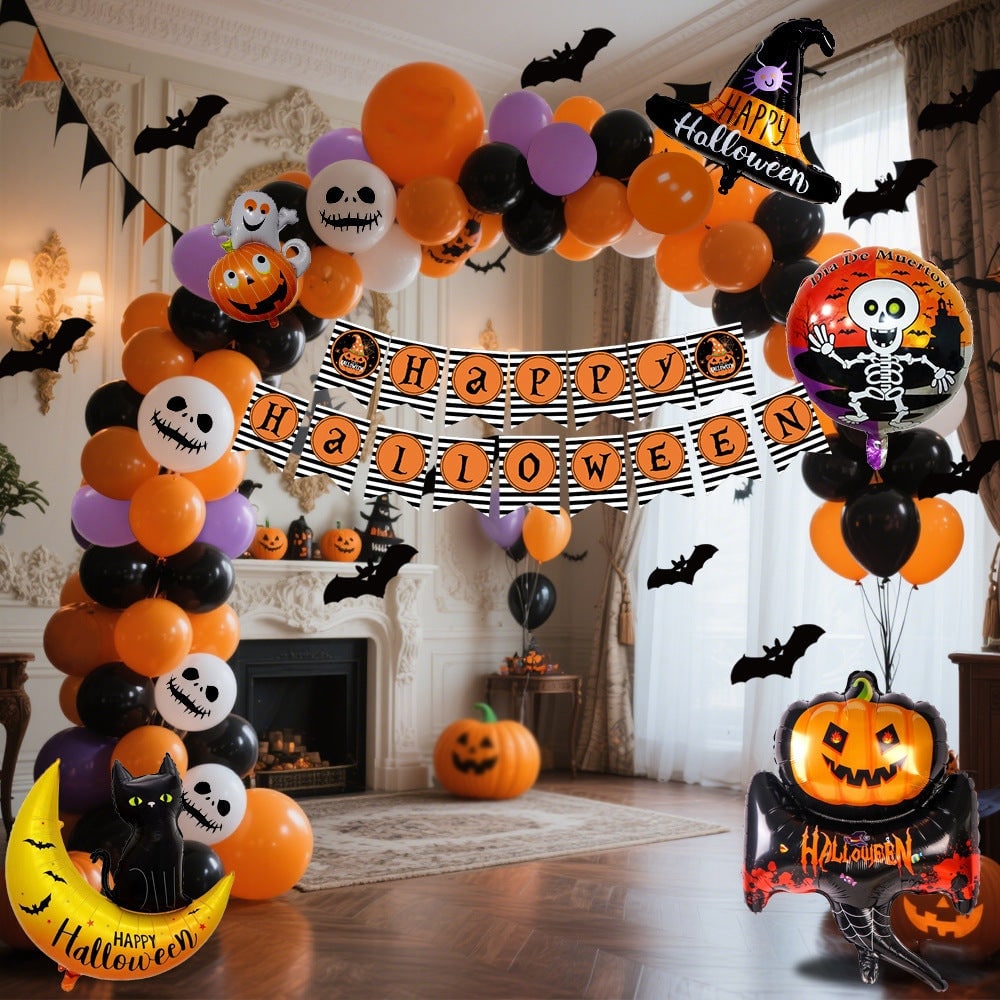 Halloween Balloon Arch Kit with Foil Banner Bat Decals and Glue Dots for Party Decoration - Image 3