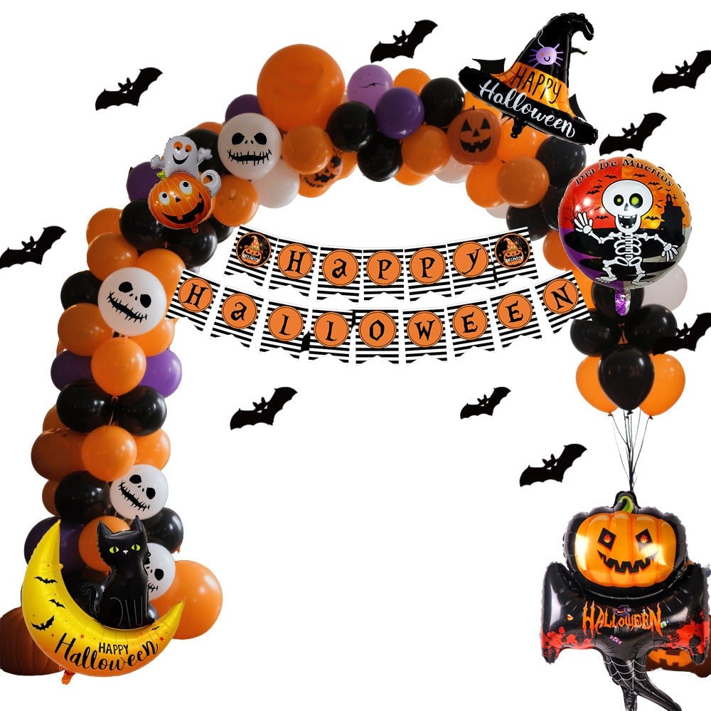 Halloween Balloon Arch Kit with Foil Banner Bat Decals and Glue Dots for Party Decoration - Image 4