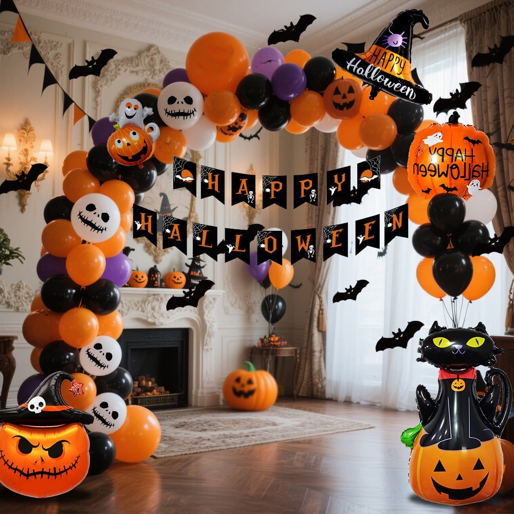 Halloween Balloon Arch Kit with Foil Banner Bat Decals and Glue Dots for Party Decoration - Image 6