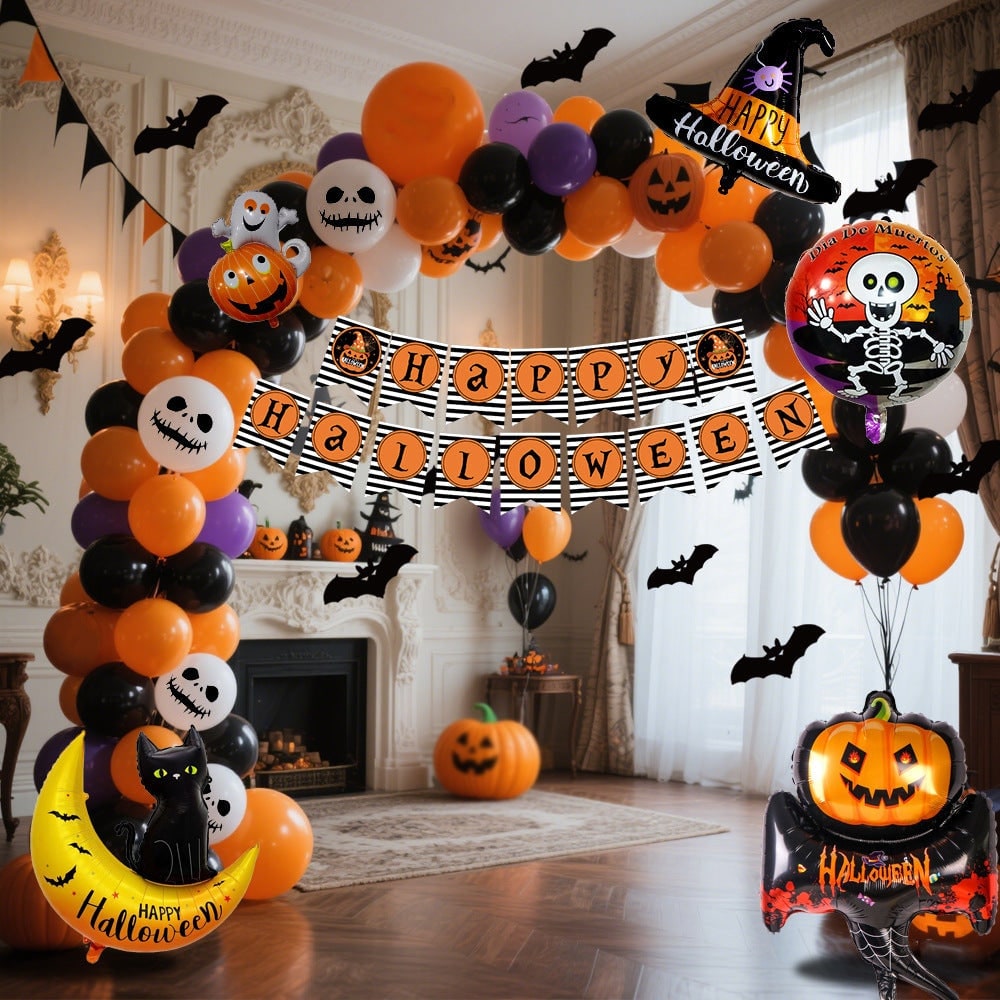 Halloween Balloon Arch Kit with Foil Banner Bat Decals and Glue Dots for Party Decoration - Image 7