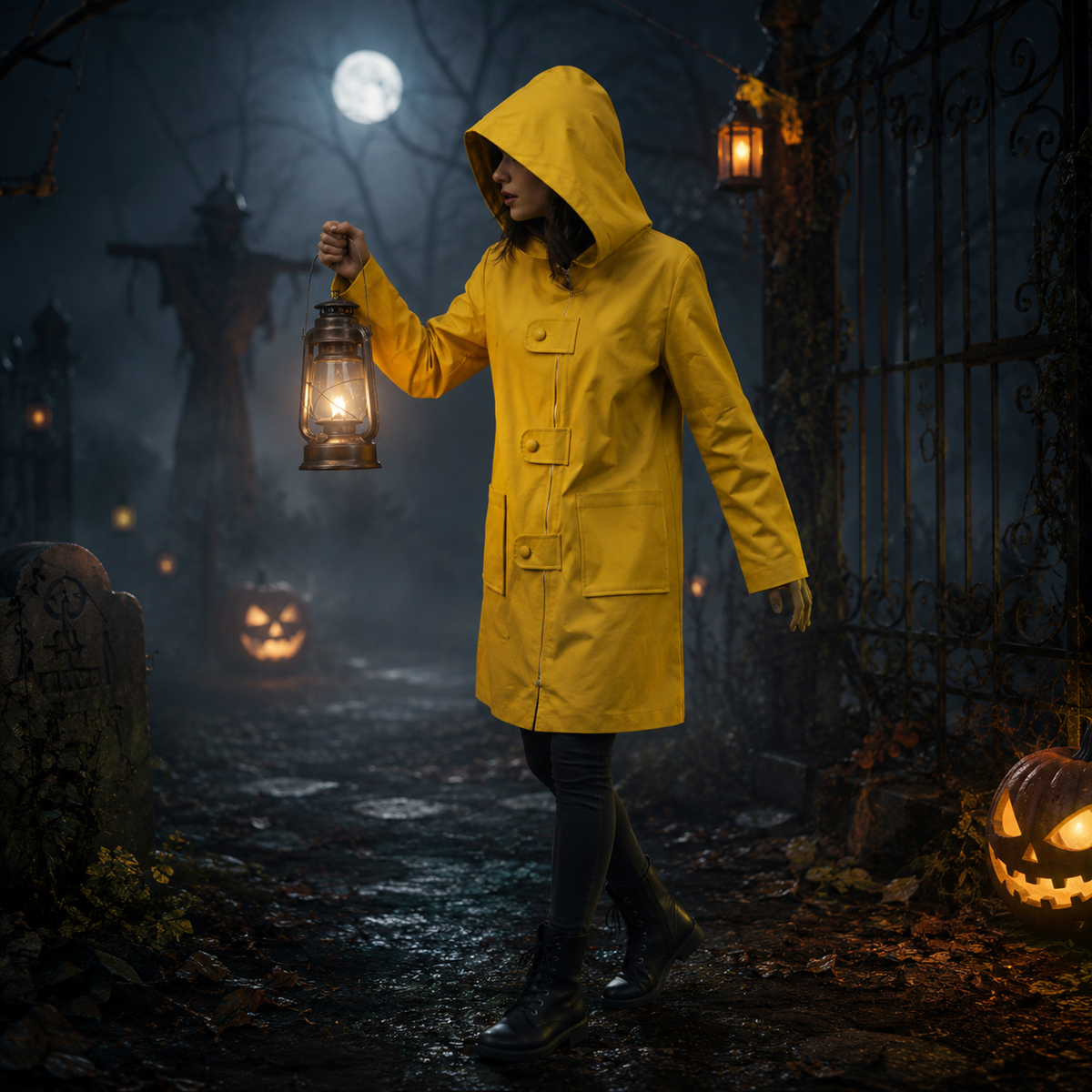 Halloween Cosplay Costume Yellow Hooded Raincoat Jacket with Zipper and Pockets - Image 2