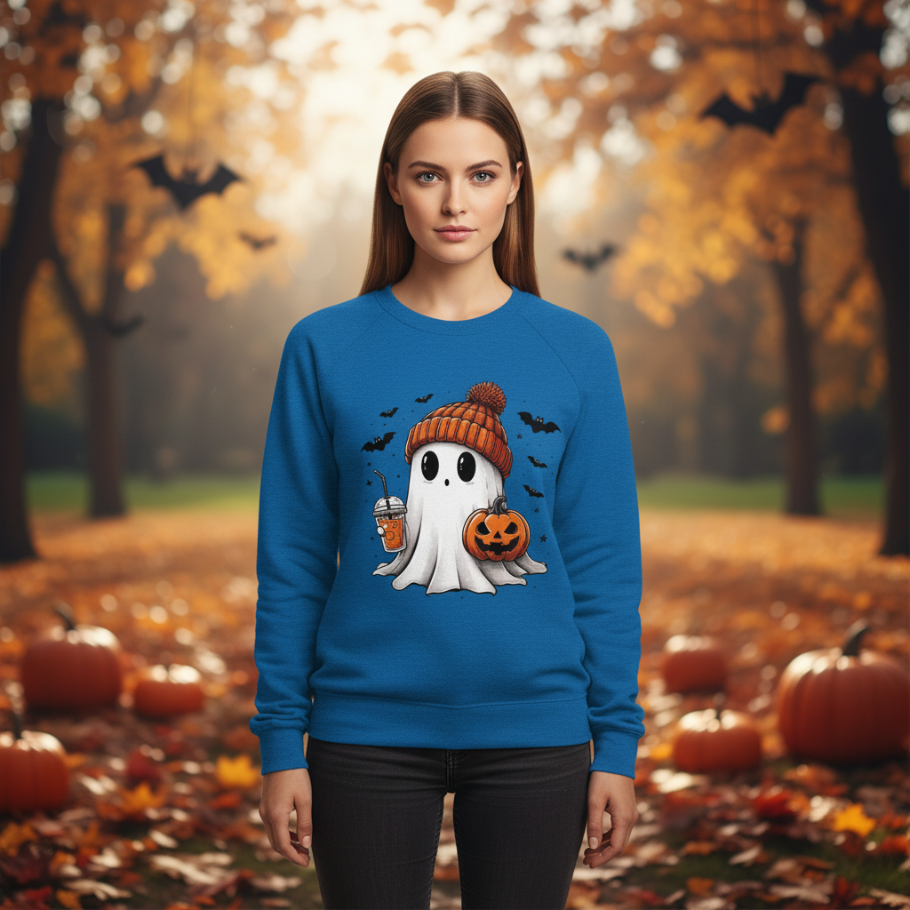 Halloween Crewneck Sweatshirt with Cute Ghost and Bat Print for Party and Casual Loungewear - Image 1