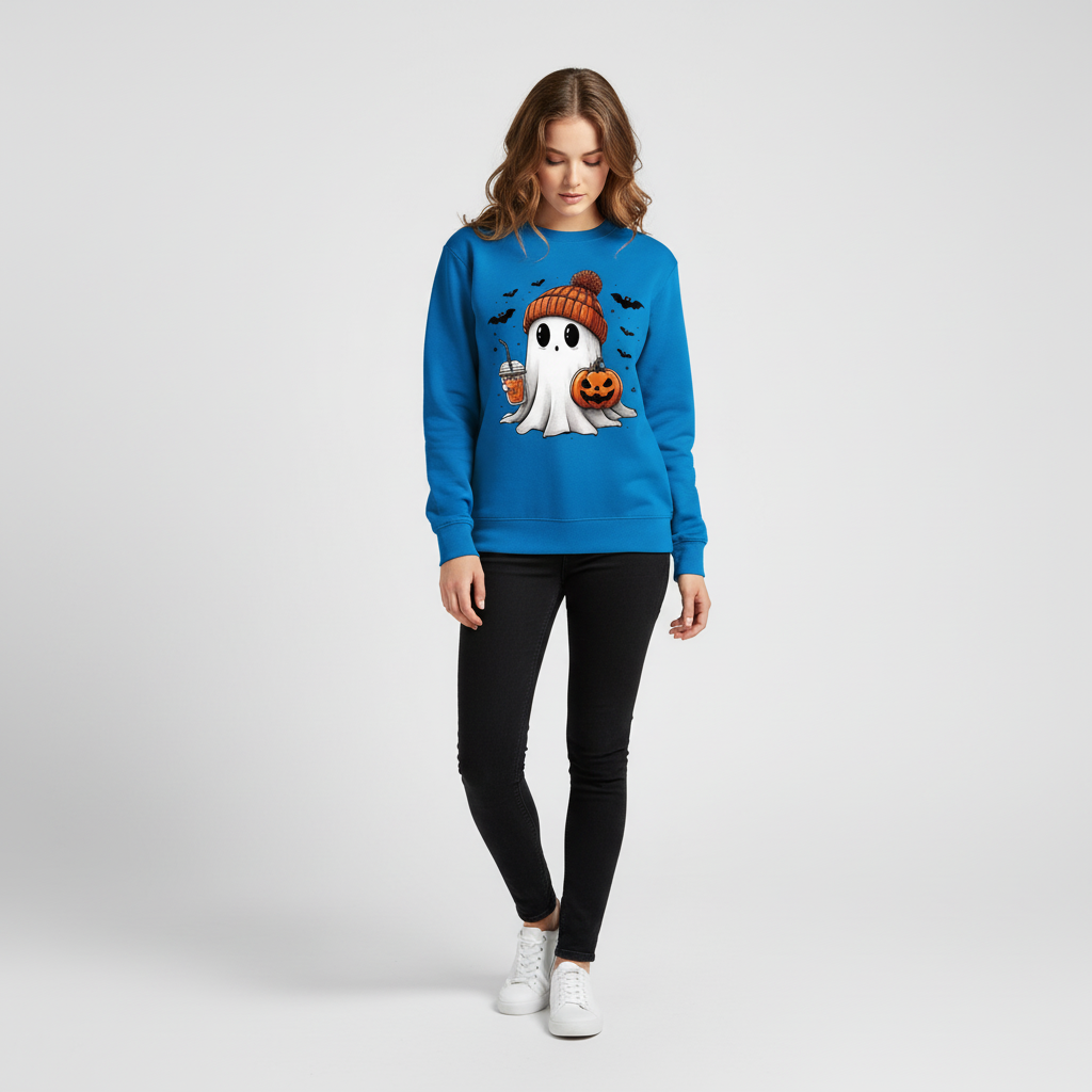 Halloween Crewneck Sweatshirt with Cute Ghost and Bat Print for Party and Casual Loungewear - Image 2