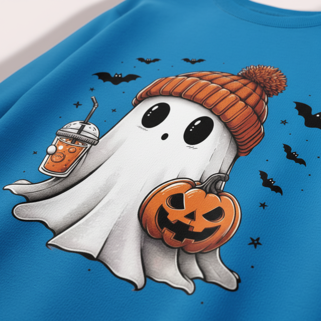 Halloween Crewneck Sweatshirt with Cute Ghost and Bat Print for Party and Casual Loungewear - Image 3