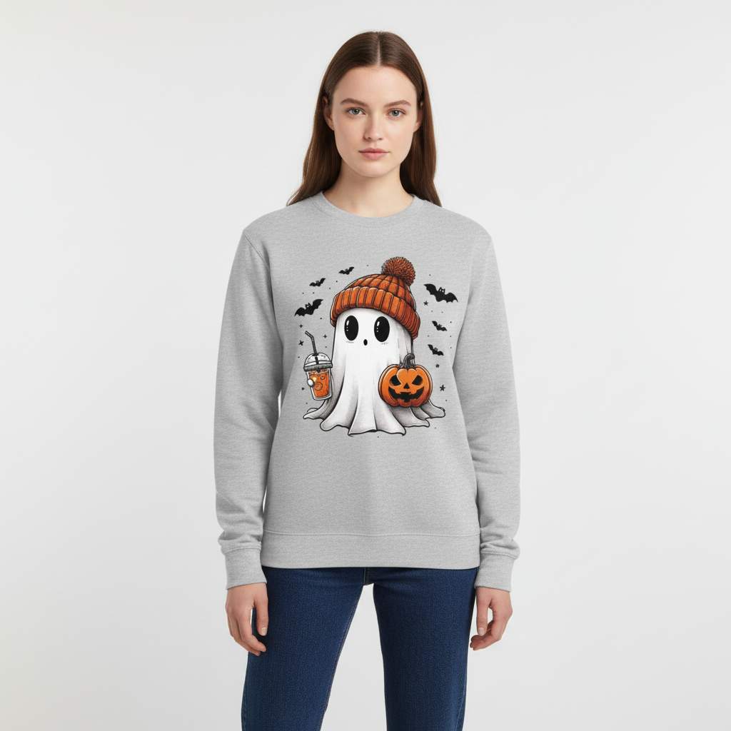 Halloween Crewneck Sweatshirt with Cute Ghost and Bat Print for Party and Casual Loungewear - Image 5