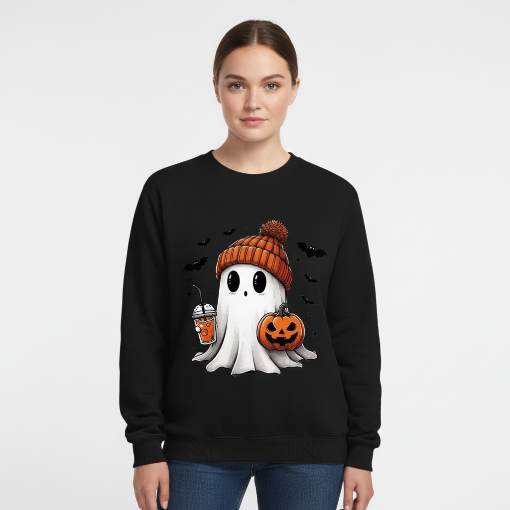 Halloween Crewneck Sweatshirt with Cute Ghost and Bat Print for Party and Casual Loungewear - Image 6