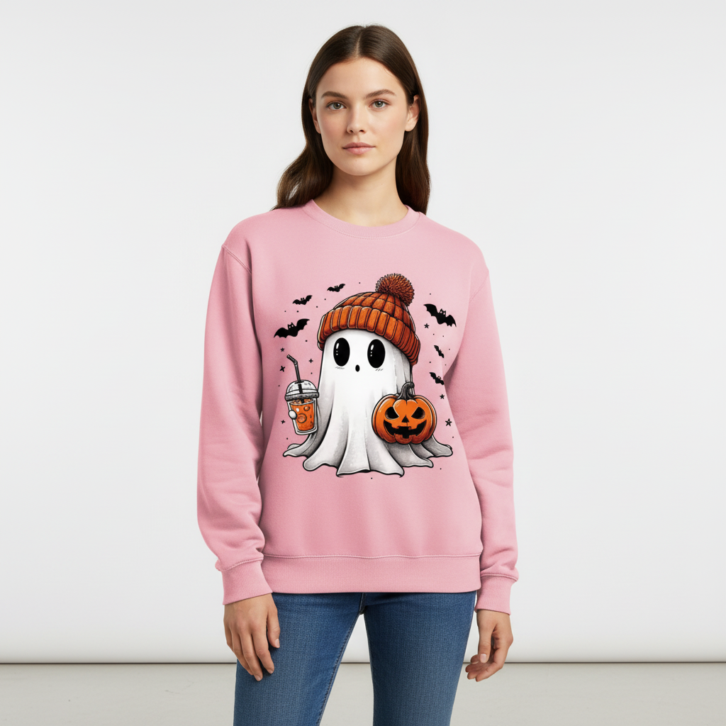 Halloween Crewneck Sweatshirt with Cute Ghost and Bat Print for Party and Casual Loungewear - Image 7