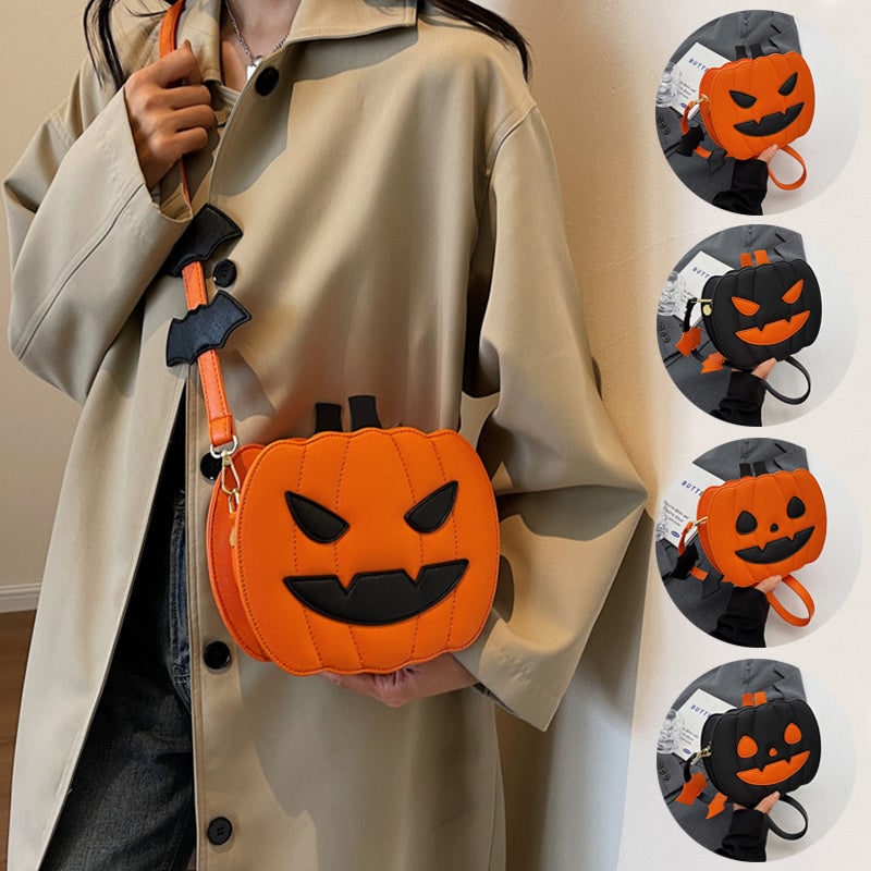 Halloween Crossbody Purse with Pumpkin Jack-O-Lantern Design and Bat Strap Details Cell Phone - Image 1
