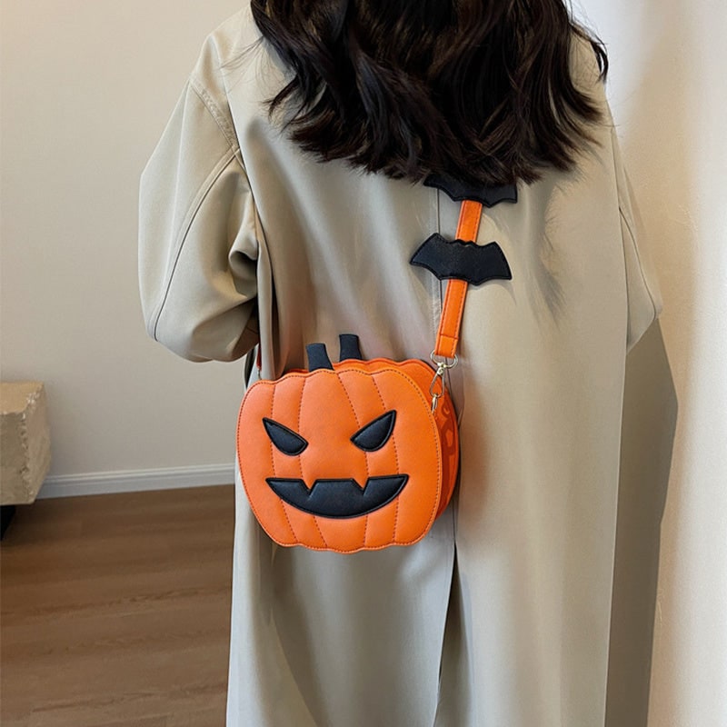 Halloween Crossbody Purse with Pumpkin Jack-O-Lantern Design and Bat Strap Details Cell Phone - Image 2