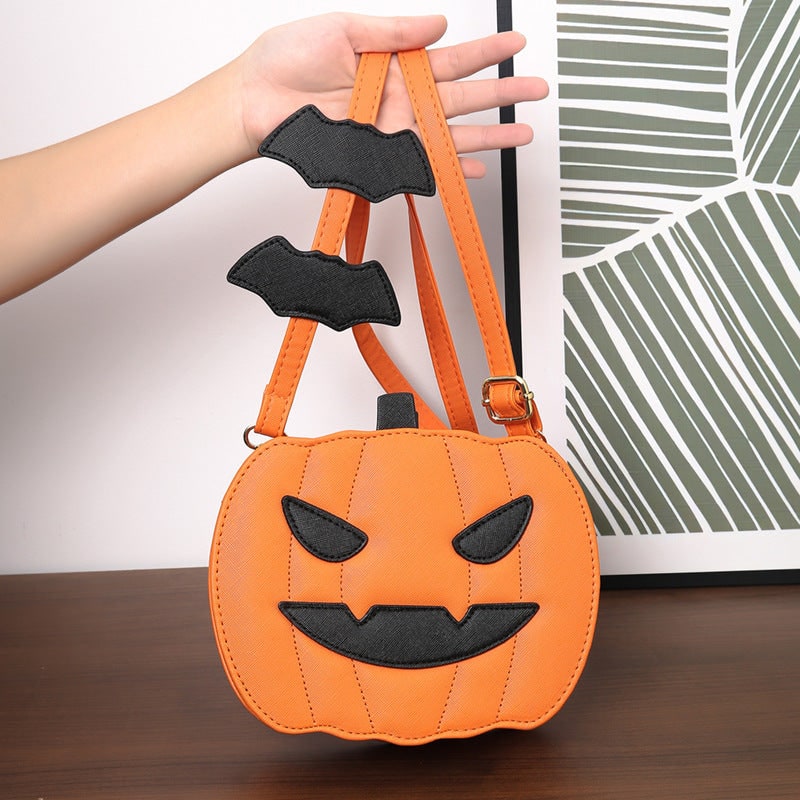 Halloween Crossbody Purse with Pumpkin Jack-O-Lantern Design and Bat Strap Details Cell Phone - Image 3