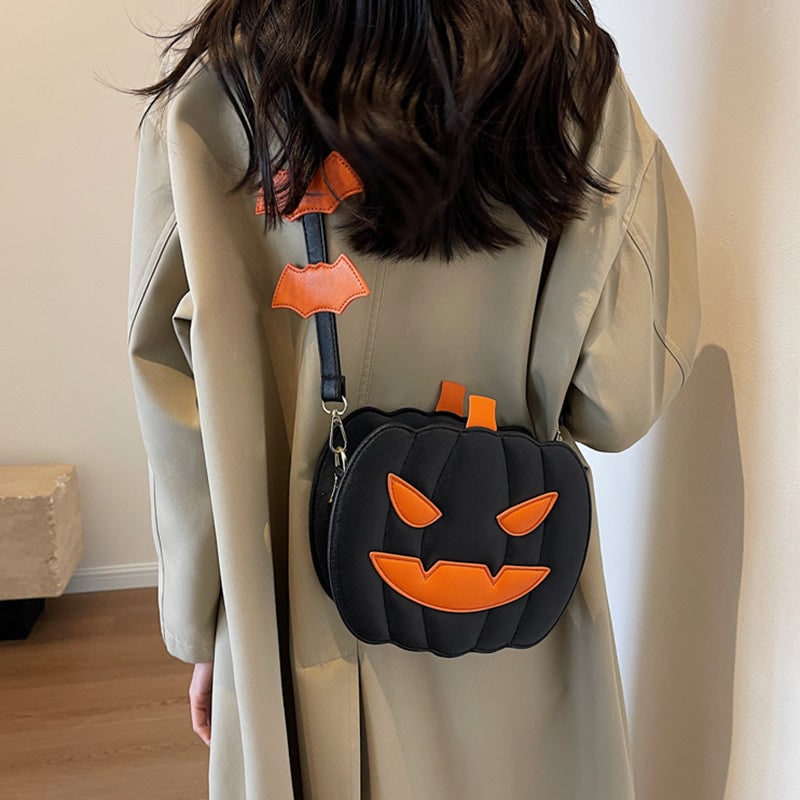 Halloween Crossbody Purse with Pumpkin Jack-O-Lantern Design and Bat Strap Details Cell Phone - Image 4