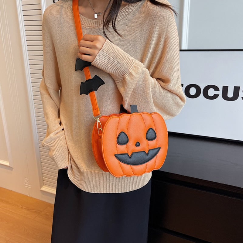 Halloween Crossbody Purse with Pumpkin Jack-O-Lantern Design and Bat Strap Details Cell Phone - Image 5