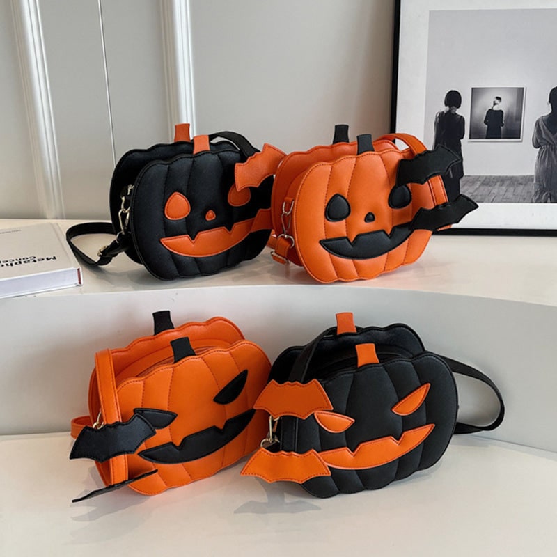 Halloween Crossbody Purse with Pumpkin Jack-O-Lantern Design and Bat Strap Details Cell Phone - Image 6