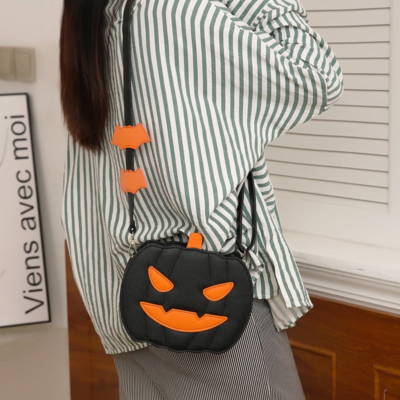 Halloween Crossbody Purse with Pumpkin Jack-O-Lantern Design and Bat Strap Details Cell Phone - Image 7