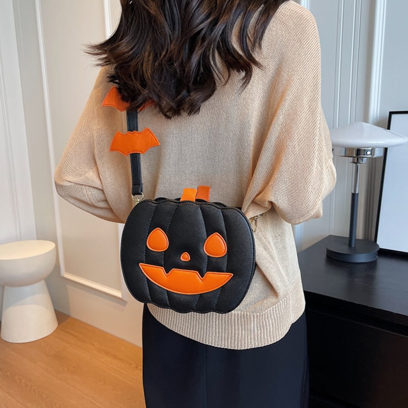 Halloween Crossbody Purse with Pumpkin Jack-O-Lantern Design and Bat Strap Details Cell Phone - Image 8