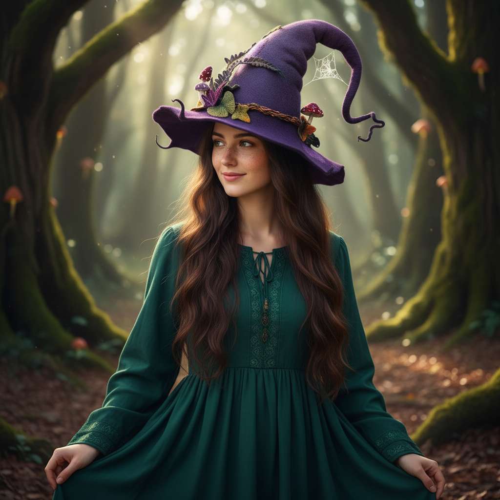 Halloween Felt Witch Hat with Pointed Shape Floral and Spiderweb Decorations for Costume Party - Image 1
