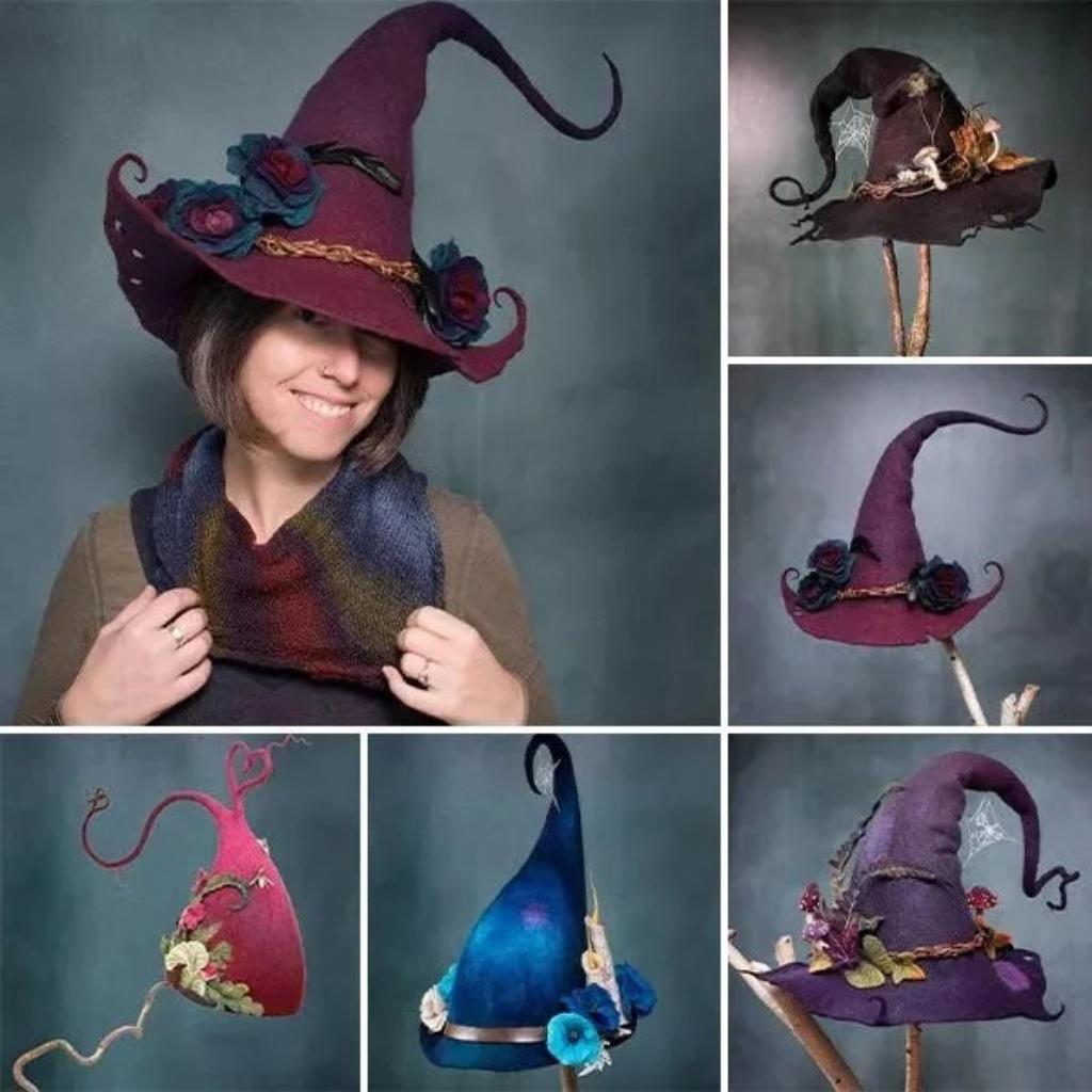 Halloween Felt Witch Hat with Pointed Shape Floral and Spiderweb Decorations for Costume Party - Image 5