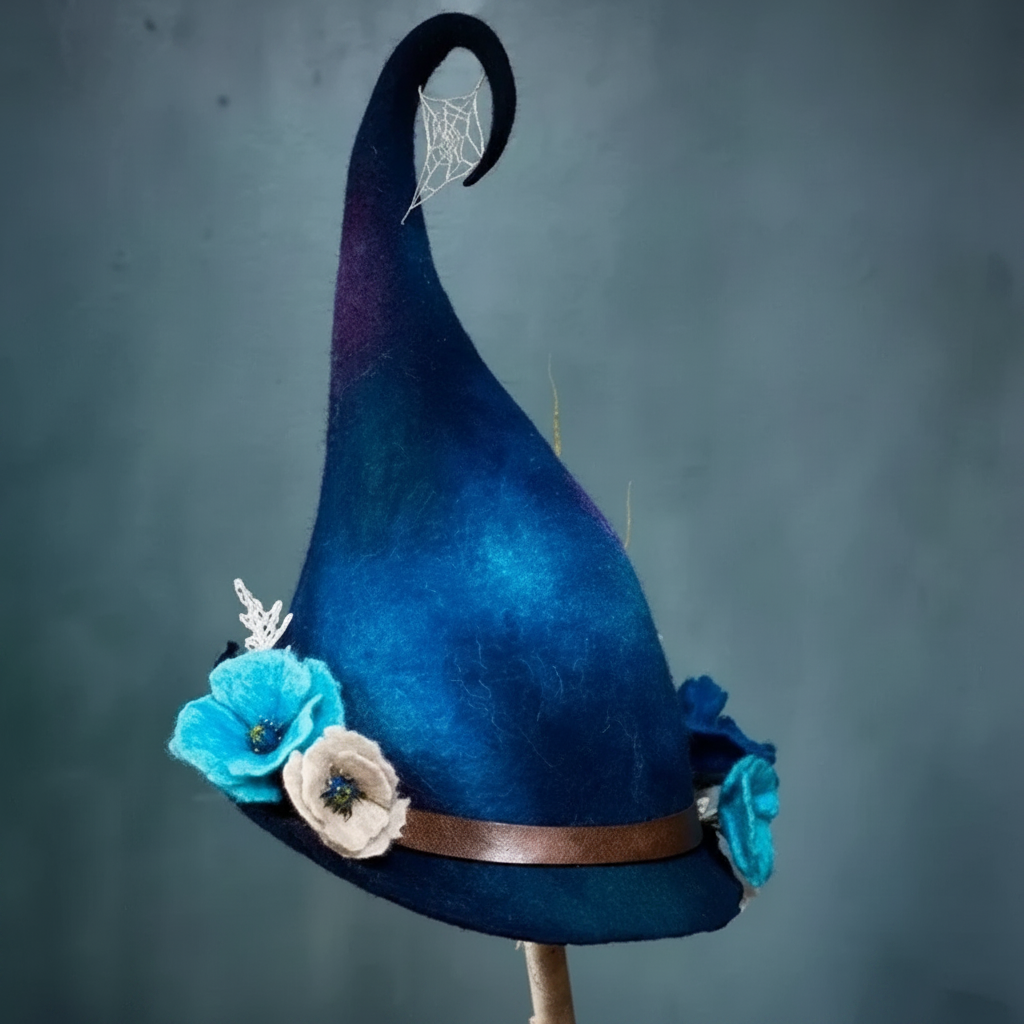 Halloween Felt Witch Hat with Pointed Shape Floral and Spiderweb Decorations for Costume Party - Image 6