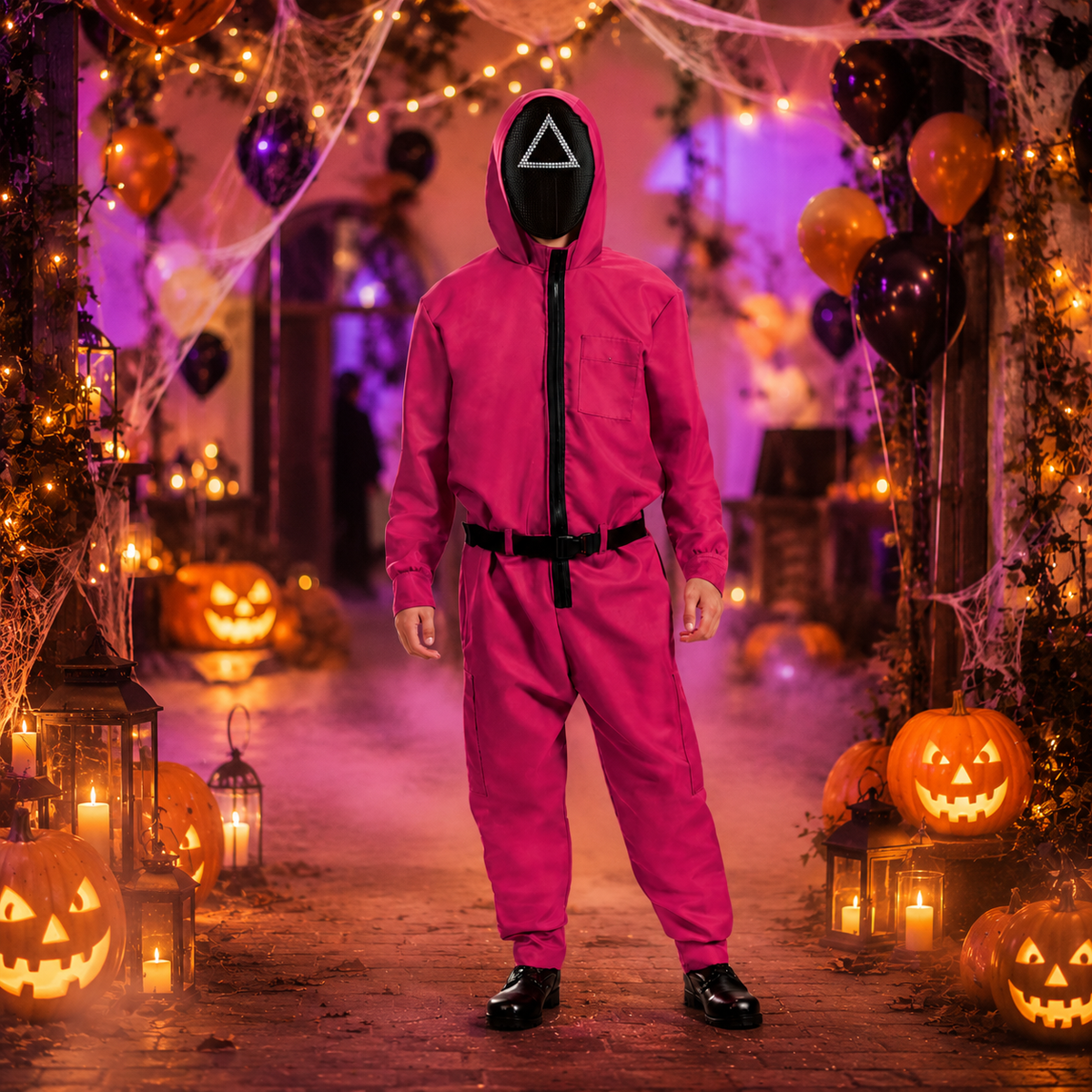 Halloween Game Costume Jumpsuit with Hooded Design Geometric and Adjustable Belt - Image 1