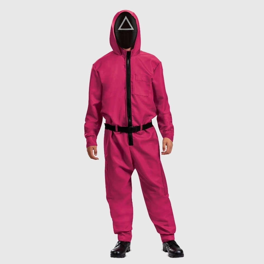 Halloween Game Costume Jumpsuit with Hooded Design Geometric and Adjustable Belt - Image 2