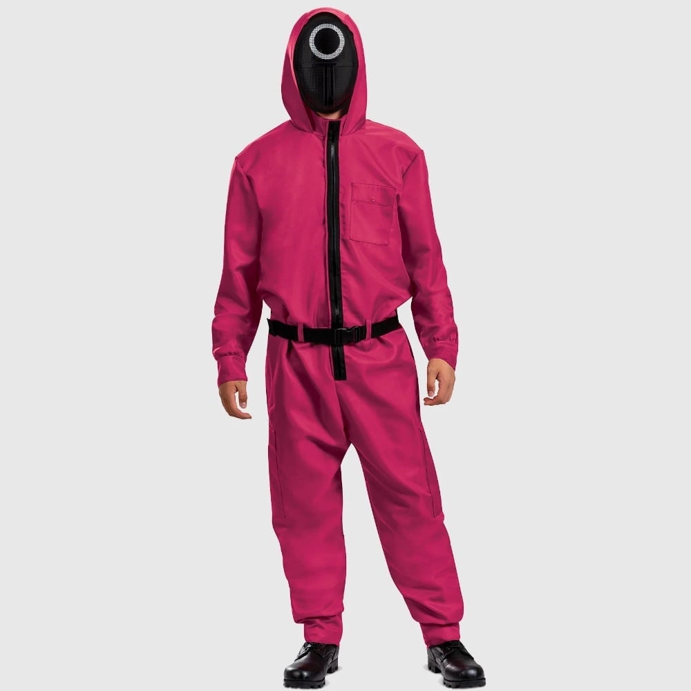 Halloween Game Costume Jumpsuit with Hooded Design Geometric and Adjustable Belt - Image 3