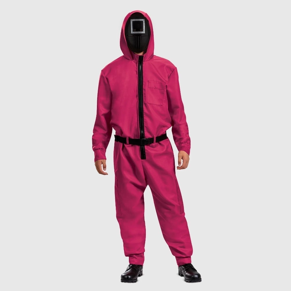 Halloween Game Costume Jumpsuit with Hooded Design Geometric and Adjustable Belt - Image 4