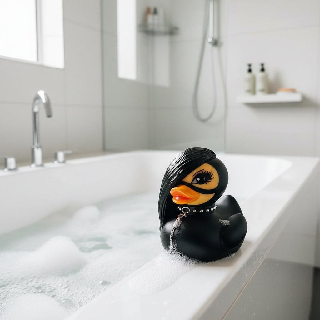 Halloween Goth Rubber Duckling Squishy Duck with Studded Collar and Chains Spooky Decoration - Image 1